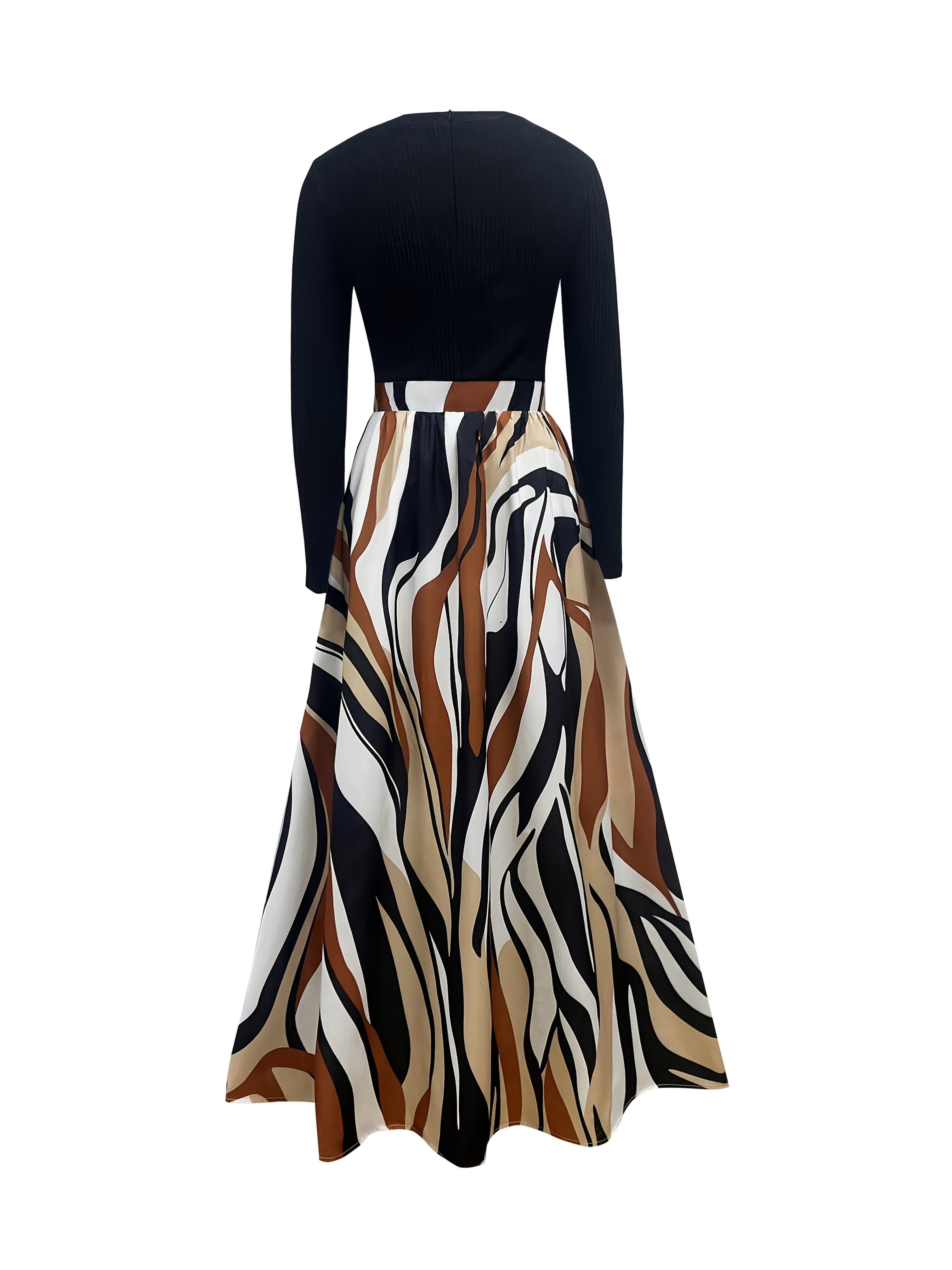 Women's Casual A-Line Dress with Geometric Print & Elastic Waistband - Long Sleeve Round Neck Machine Washable Spring/Fall Dress in Black/Beige/Brown/White, Long Sleeve Maxi Dress, Spring Fashion, Flowing Skirt, Patterned Out
