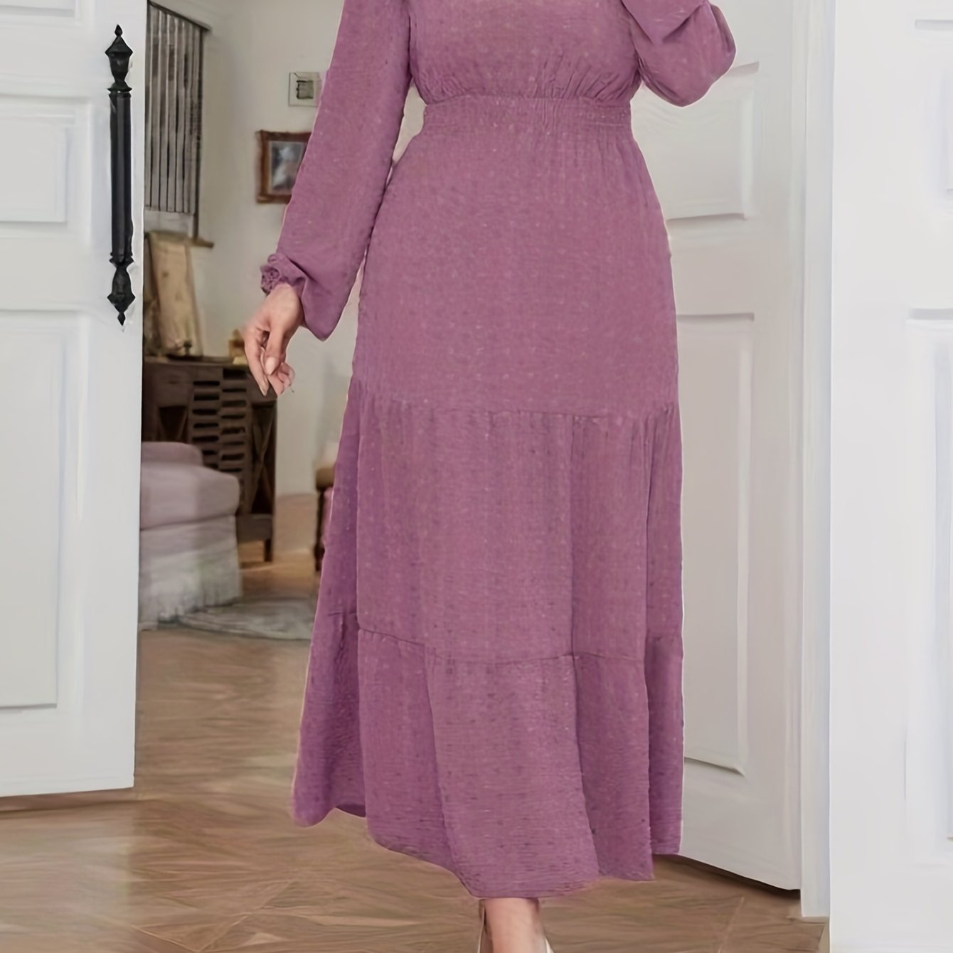High Waist Tiered Dress, Elegant Solid Long Sleeve Maxi Dress, Women's Clothing