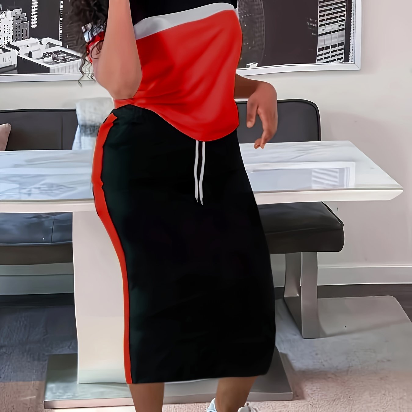 Plus Size Two-Piece Skirt Set - Crew Neck Short Sleeve Top & Drawstring Skirt Outfit with Slight Stretch, Solid Color, Knit Fabric - Comfortable, Casual, and Chic Womens Plus Size Clothing for Everyday Wear