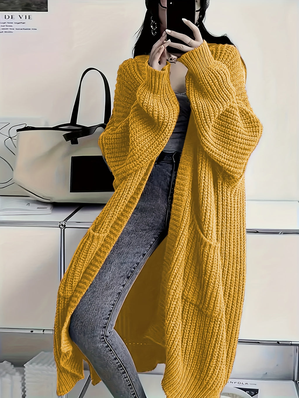 Plus Size Open Front Loose Knit Cardigan, Casual Long Sleeve Long Length Cardigan With Pocket, Women's Plus Size Clothing