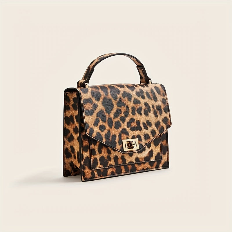 Leopard Print Handbag, Vintage Square Clutch Purse, Women's PU Leather Satchel Bag For Prom