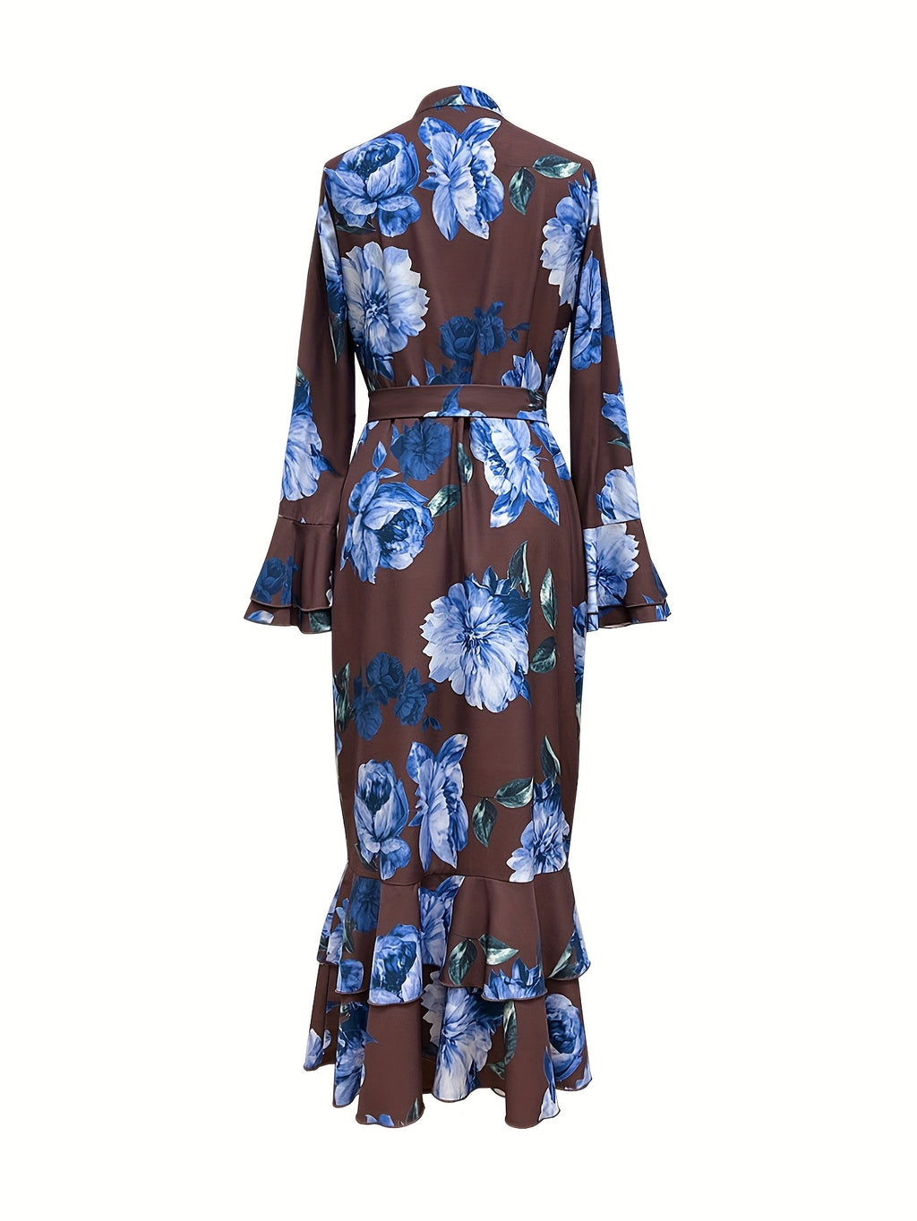Print Maxi Dress with Belt - Long Sleeve, Mock Neck, Non-Stretch Polyester - Perfect for Spring & Fall