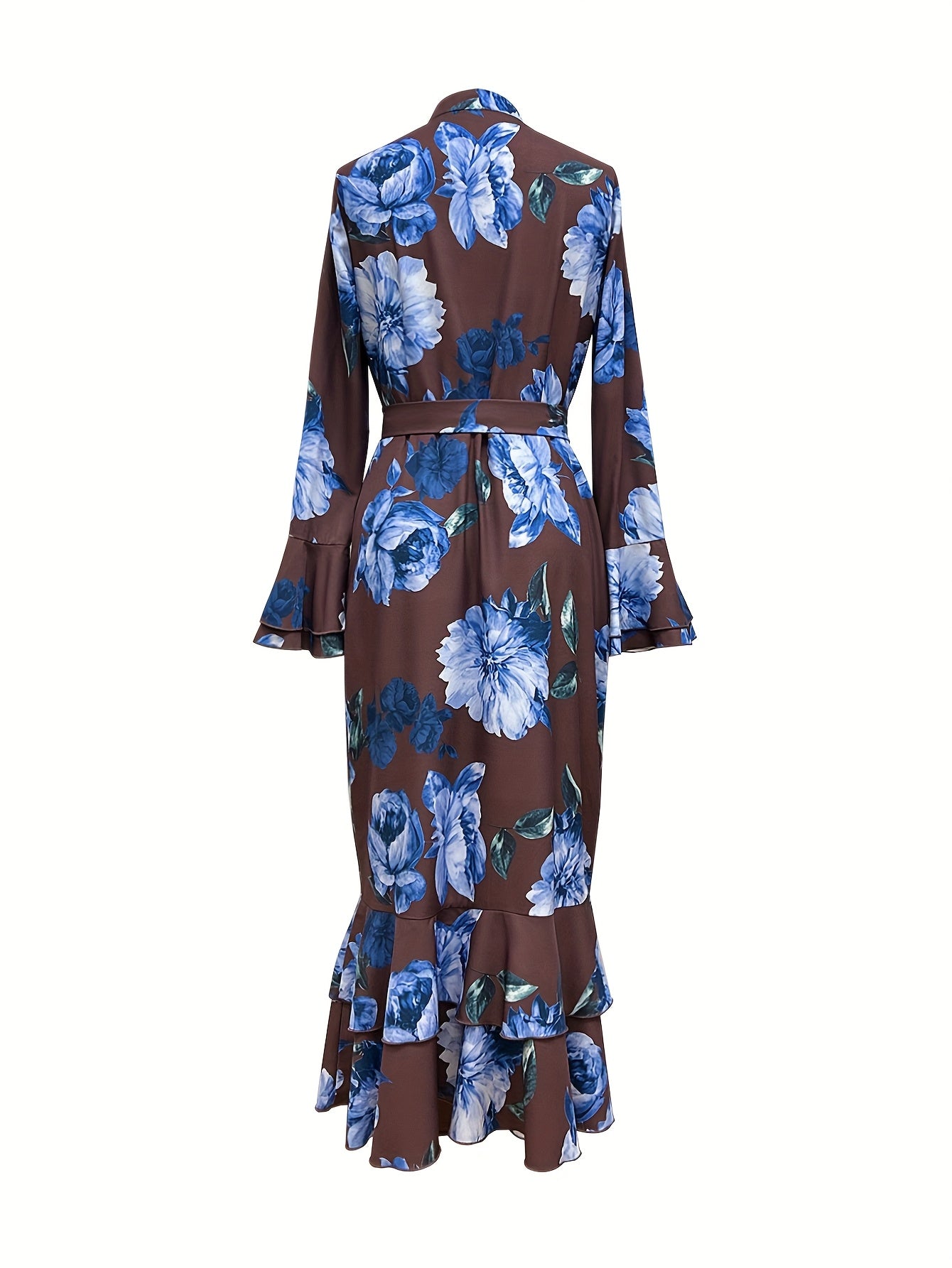 Print Maxi Dress with Belt - Long Sleeve, Mock Neck, Non-Stretch Polyester - Perfect for Spring & Fall