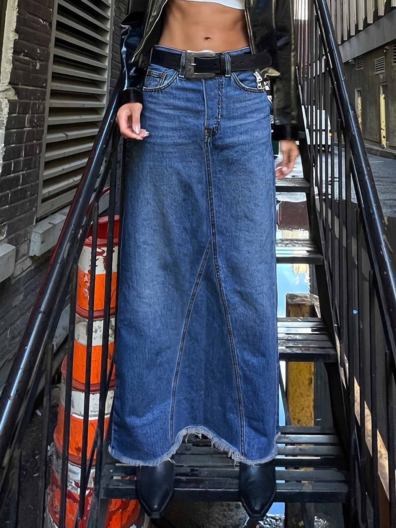 Raw Hem Slash Pocket Maxi Denim Skirt, Plain Washed Blue Whiskering Denim Skirt, Women's Denim Jeans & Clothing