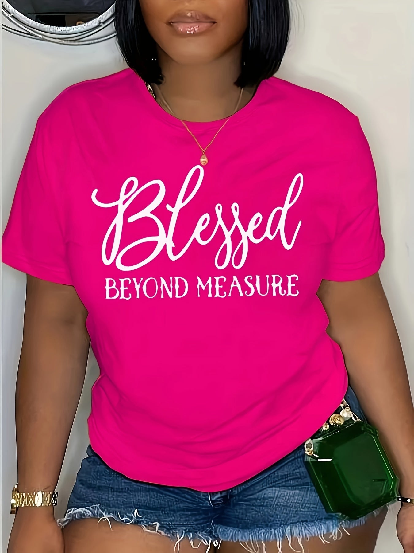 Plus Size Blessed Letter Print T-shirt, Short Sleeve Crew Neck Casual Top For Summer & Spring, Women's Plus Size Clothing
