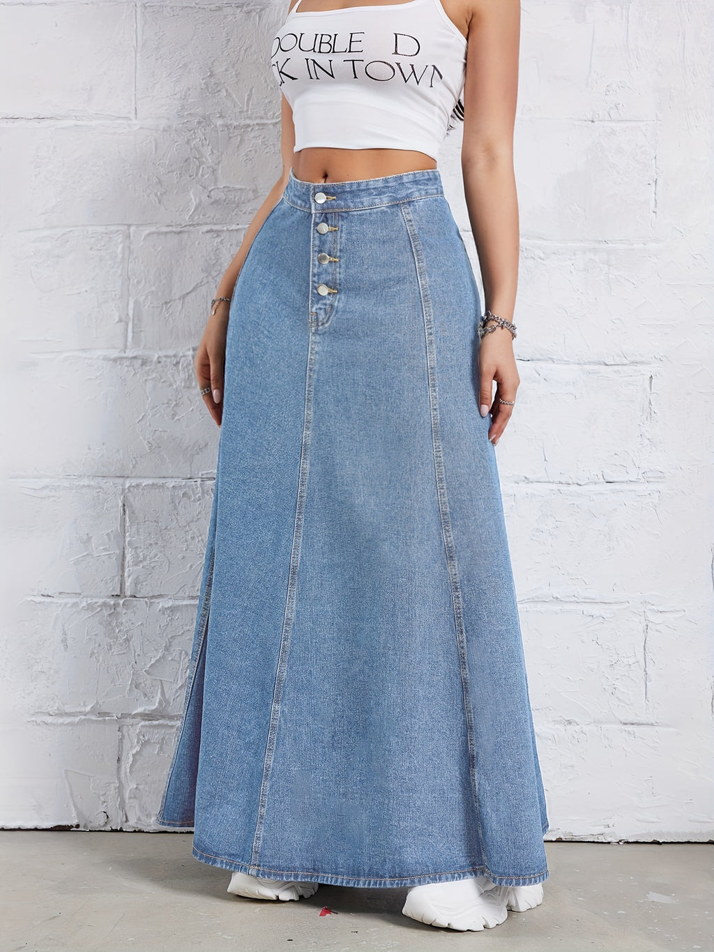 Plain Washed Blue Denim Skirt, Elegant High Rise Maxi Denim Skirt, Women's Denim Jeans & Clothing
