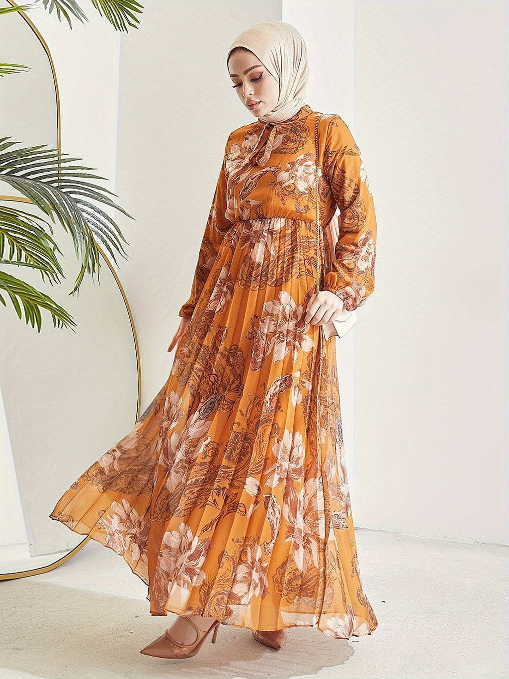 [Modest Kaftan Dress] Modest Long Sleeve Floral Print Kaftan Dress | Women's Pleated Flowy Maxi Dress, Clothing