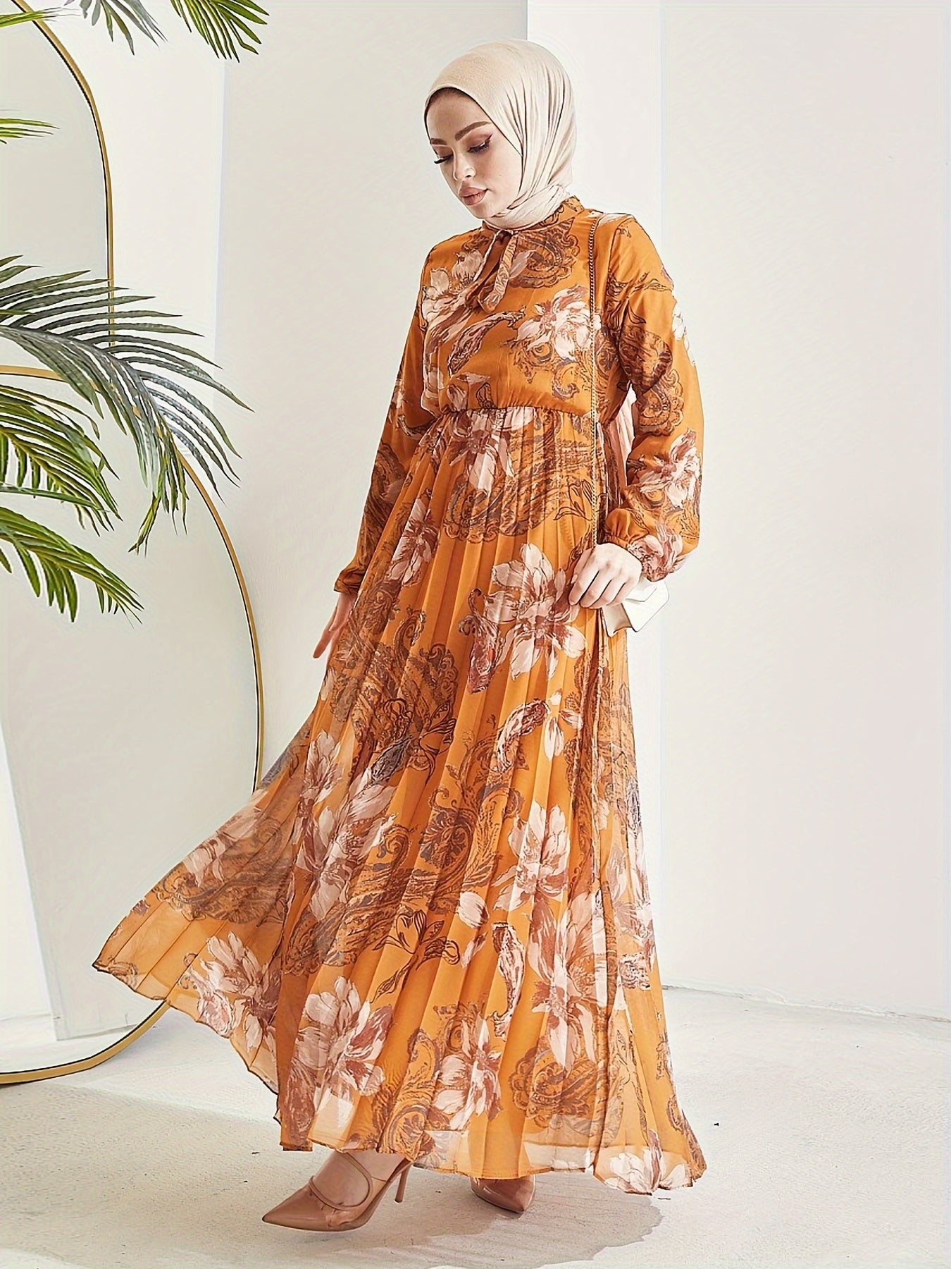 [Modest Kaftan Dress] Modest Long Sleeve Floral Print Kaftan Dress | Women's Pleated Flowy Maxi Dress, Clothing