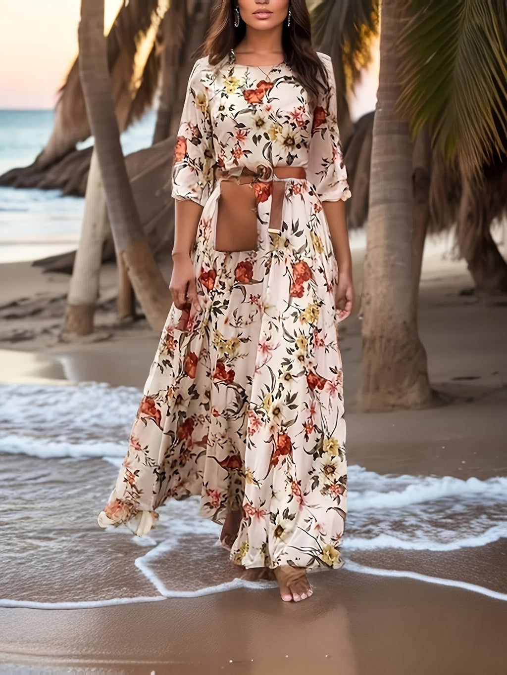 Elegant Women's Floral Print Maxi Dress with Swing Hem, 3/4 Sleeve, Polyester, Round Neck, Woven, All-Season, Middle East Specialty Collection - Adult