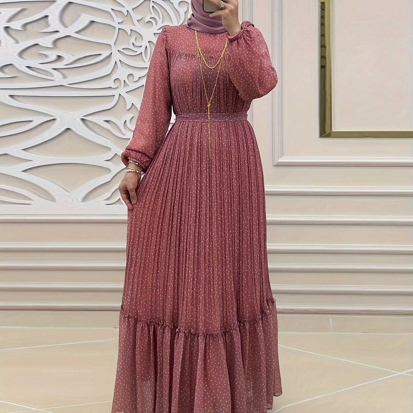 Stunning Polka Dot Maxi Dress - Elegant Crew Neck, Long Sleeve, Ruffle Hem, Keyhole Back, Modest, Polyester, Woven, Random Print, Middle East Style, All Seasons, Non-Sheer