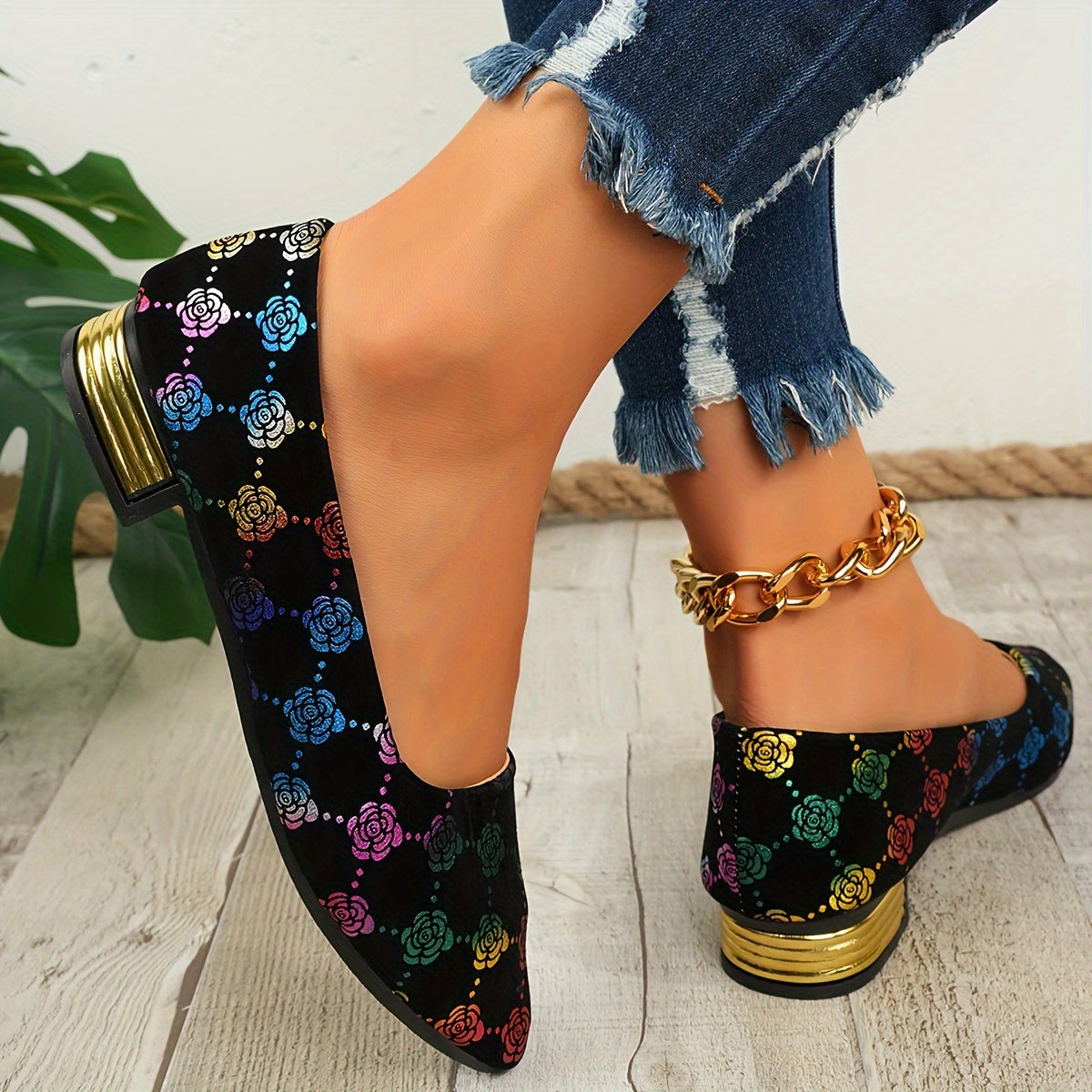 Women's Fashion Mary Jane Flats, Minimalist Floral Pattern Slip-On Shoes with Pointed Toe, Lightweight Fabric Upper, Rubber Sole, All-Season Comfort Footwear, Ladies Shoes