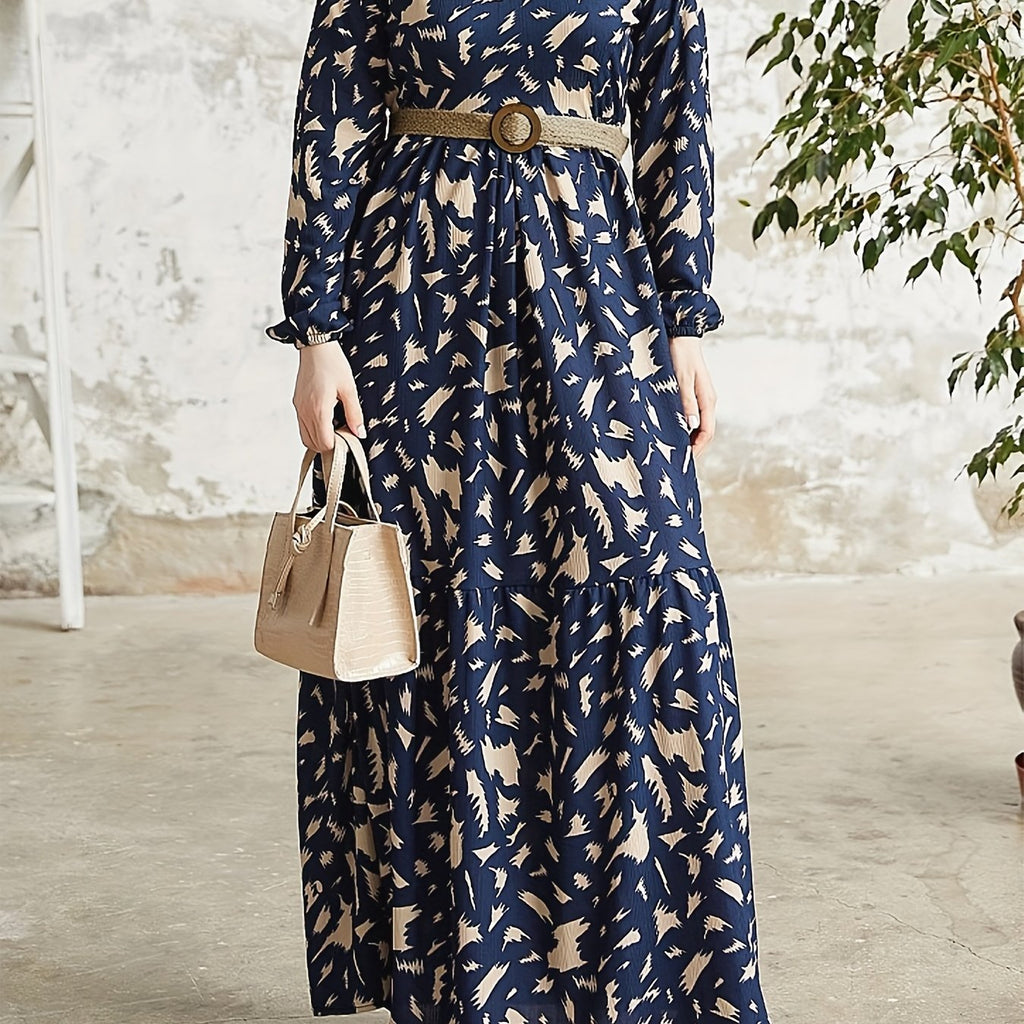 Vibrant Color Block Maxi Dress - Elastic Polyester Crew Neck Modest Dress with Belt, Machine Washable, Random Print, Woven Fabric, Perfect for Spring & Fall, Middle East Style Womens Clothing