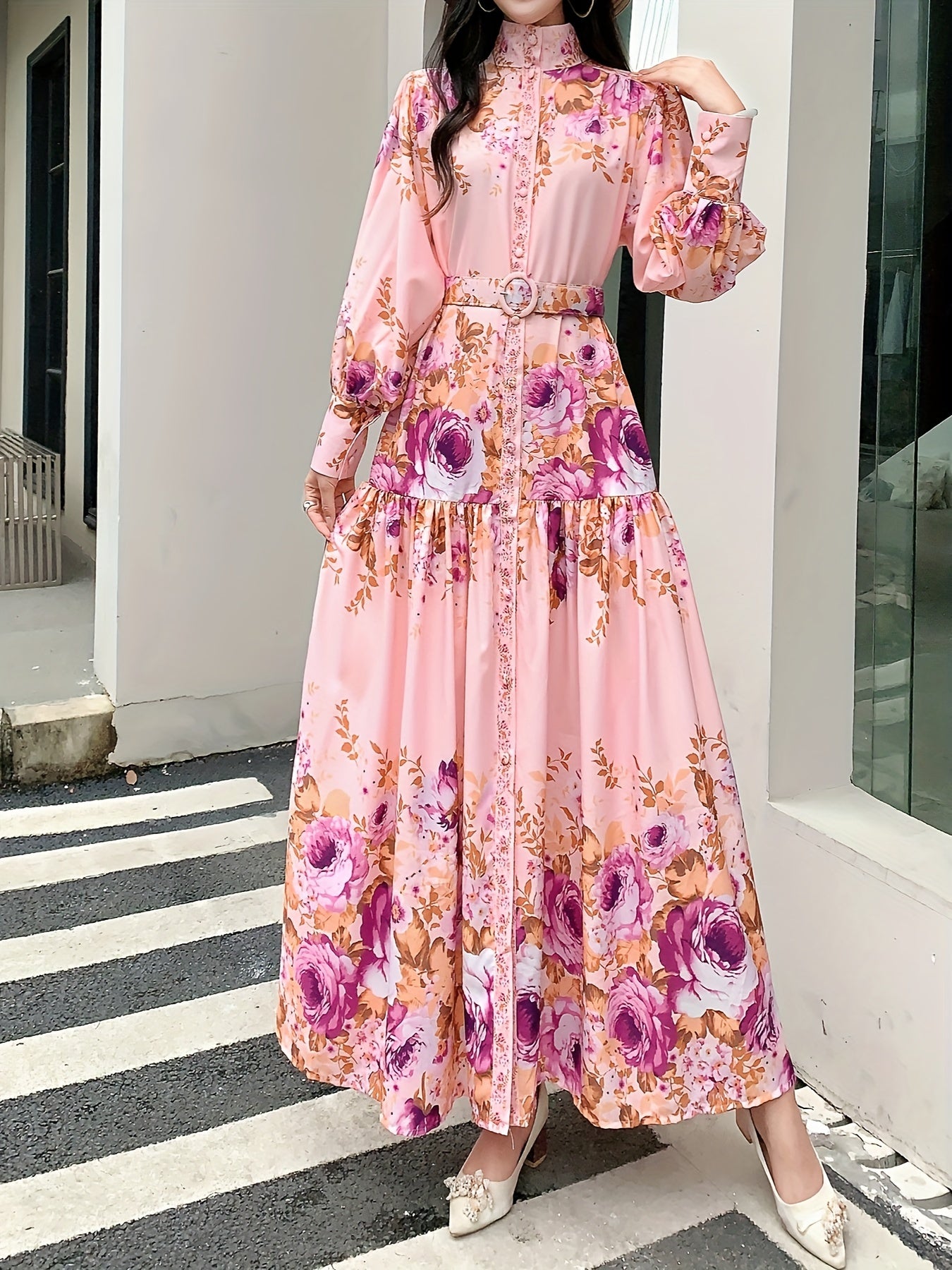 1pc Elegant Vintage Floral Chiffon Dress for Women - Long Sleeve Stand Collar Maxi Dress with Belt Detail, Regular Fit Woven Dress for All Seasons