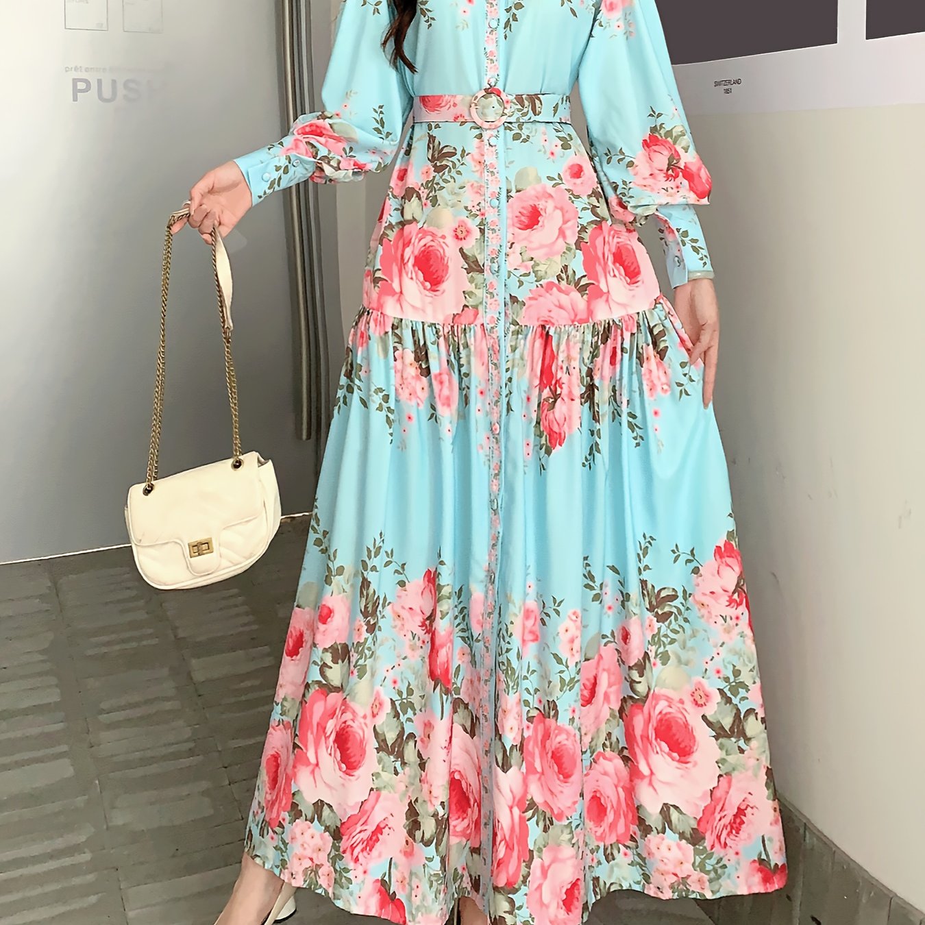 1pc Elegant Vintage Floral Chiffon Dress for Women - Long Sleeve Stand Collar Maxi Dress with Belt Detail, Regular Fit Woven Dress for All Seasons