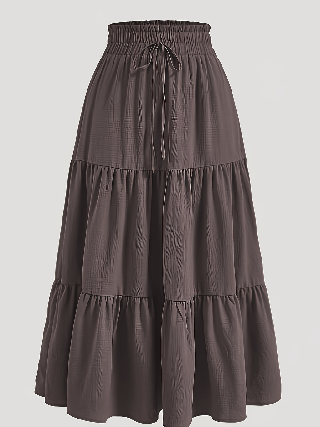 Plus Size Solid Ruched Tiered Skirt, Casual Elastic Waist Midi Skirt For Spring & Summer, Women's Plus Size Clothing