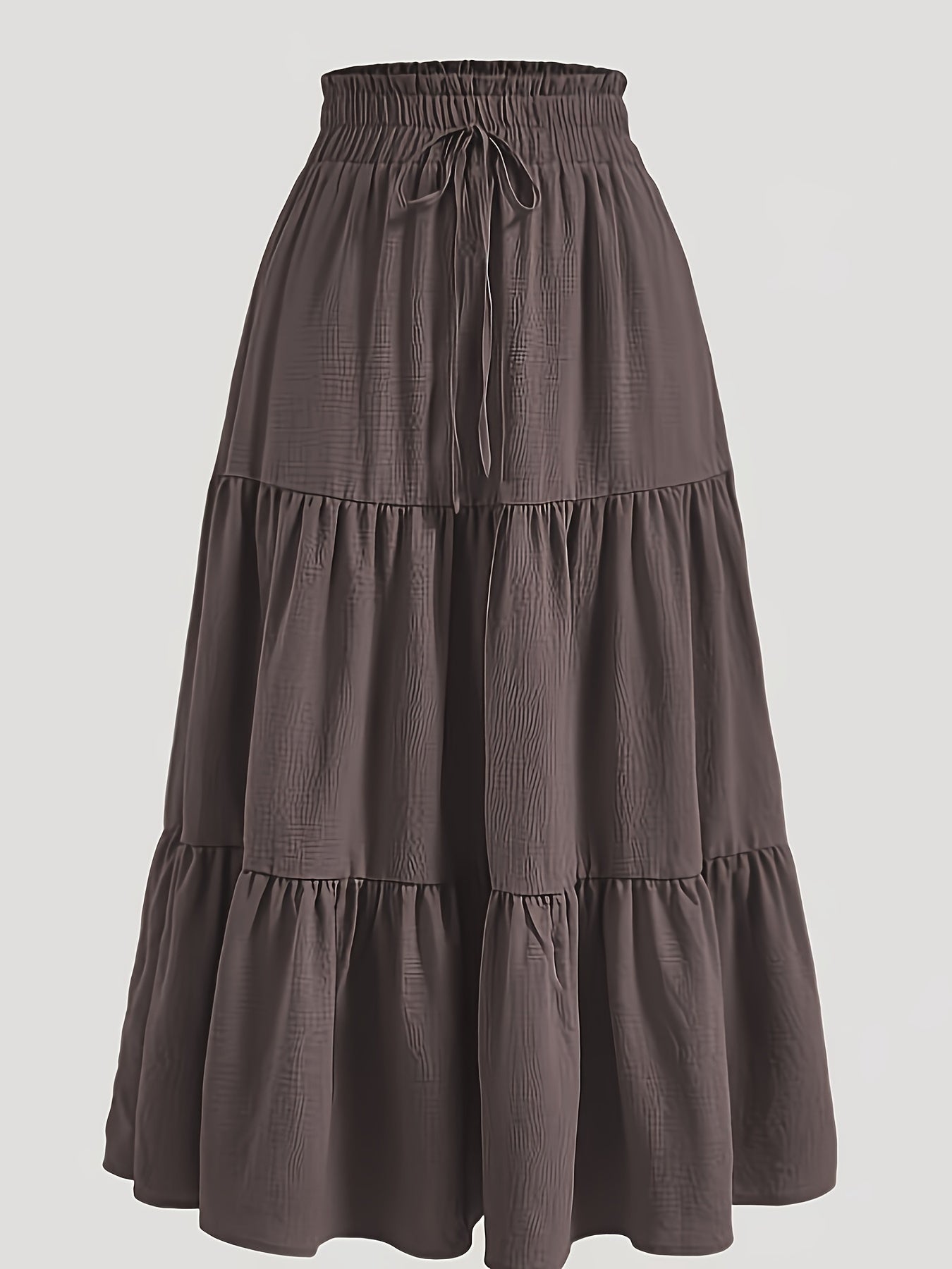 Plus Size Solid Ruched Tiered Skirt, Casual Elastic Waist Midi Skirt For Spring & Summer, Women's Plus Size Clothing