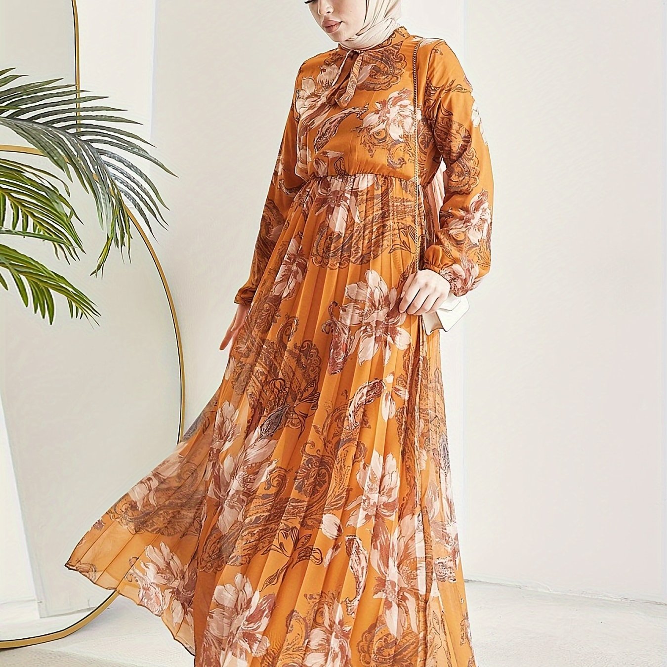 [Modest Kaftan Dress] Modest Long Sleeve Floral Print Kaftan Dress | Women's Pleated Flowy Maxi Dress, Clothing