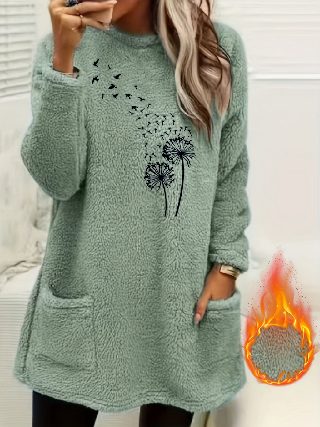Women'S Cozy Fleece-Lined Long Sleeve Pullover Sweatshirt with Dandelion Print - Soft, Stretchy, and Casual Fall/Winter Wear, Orange, Round Neck, Regular Fit, Casual Wear|Dandelion Print Top|Stretchy Fabric, Women Jumper And