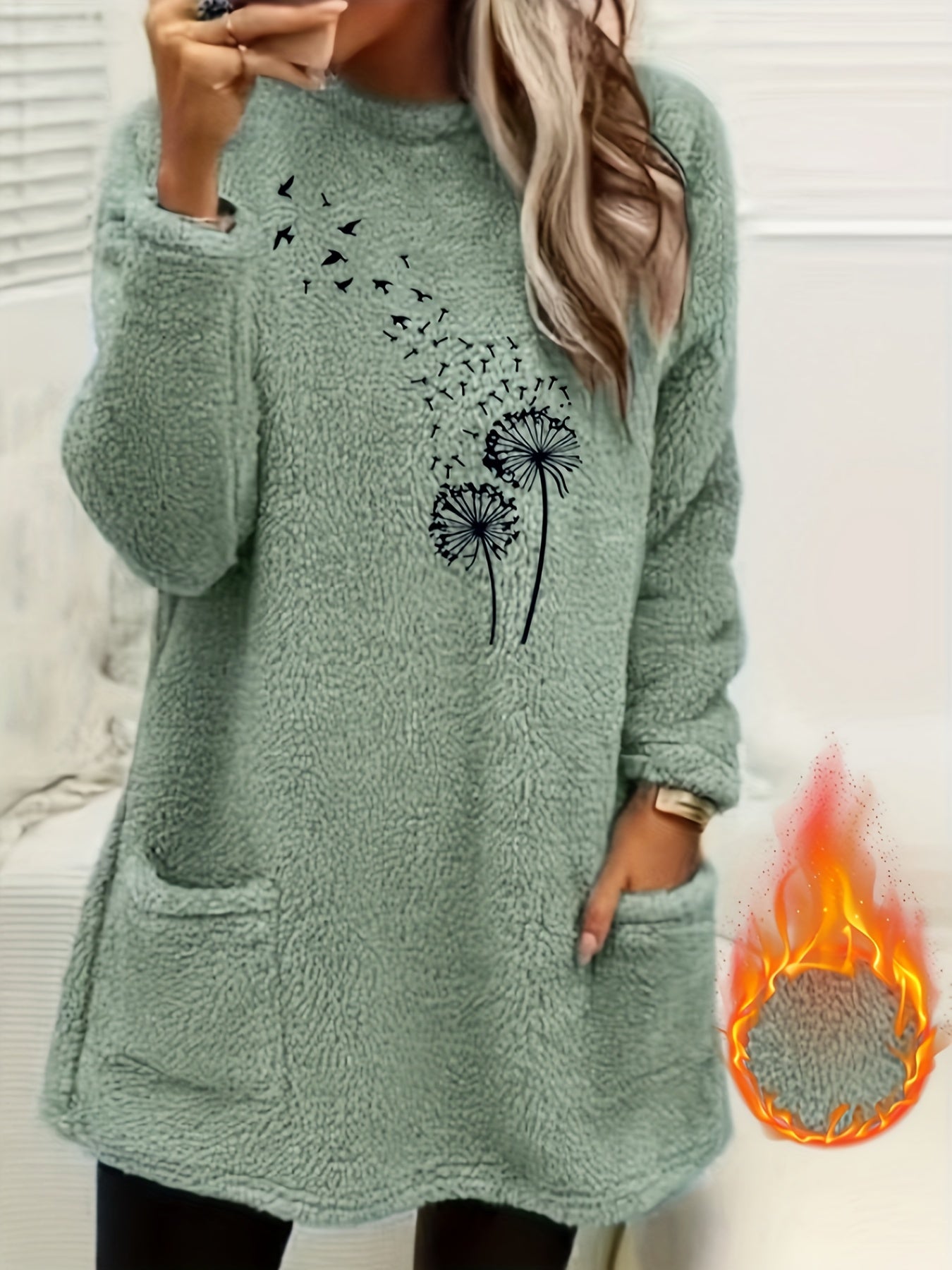 Women'S Cozy Fleece-Lined Long Sleeve Pullover Sweatshirt with Dandelion Print - Soft, Stretchy, and Casual Fall/Winter Wear, Orange, Round Neck, Regular Fit, Casual Wear|Dandelion Print Top|Stretchy Fabric, Women Jumper And