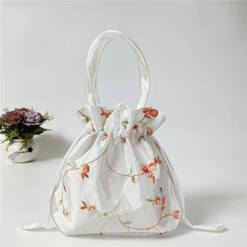 1pc Elegant Floral Clutch for Wo/Chic Drawstring Bucket Bag/Polyester Lining/Perfect for Coins & Phone/White & Pink/Cute Purse