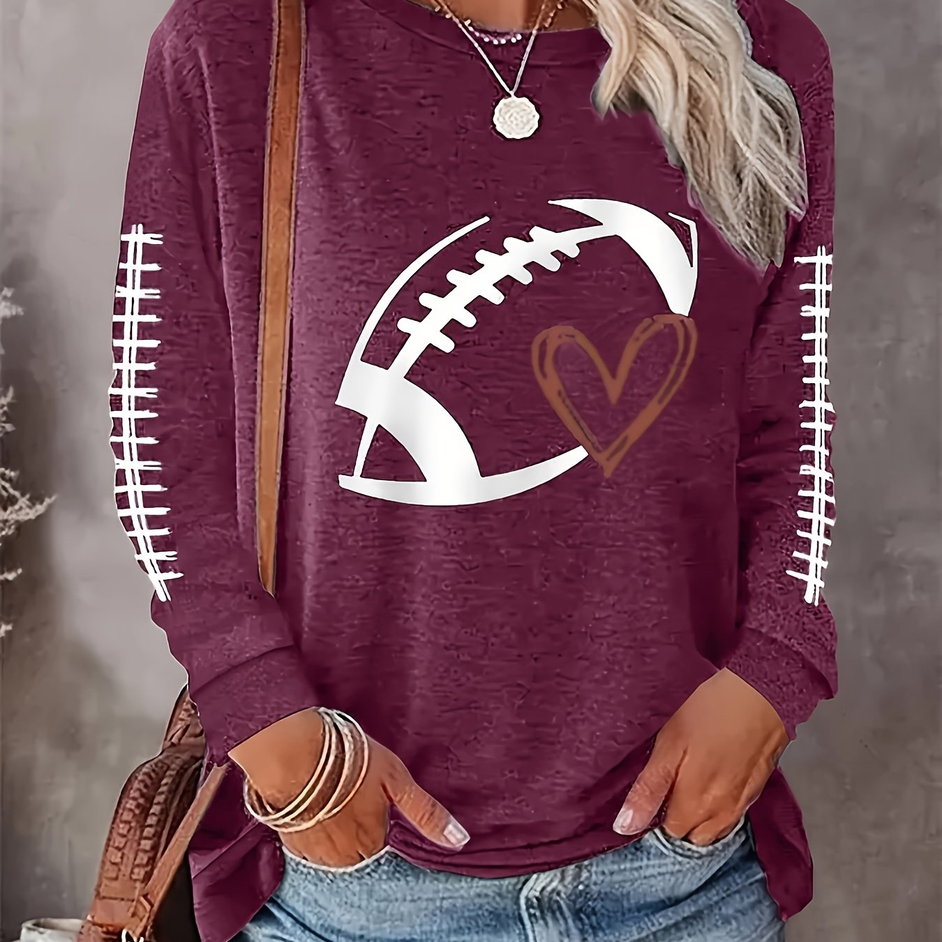 Plus Size Football Print Crew Neck T-shirt, Casual Long Sleeve Top For Spring & Fall, Women's Plus Size Clothing