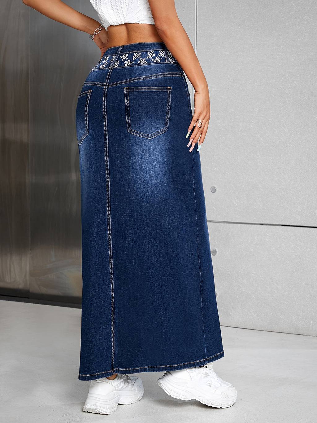 Women's High Rise Maxi Denim Skirt - Floral Embroidered, Single-breasted, Washed, Comfortable, Stylish, and Perfect for Casual Occasions