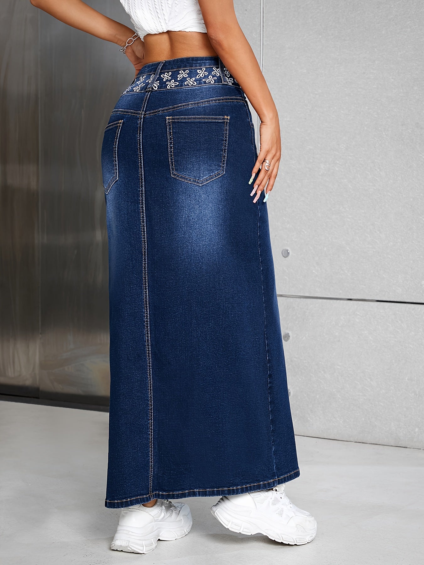 Women's High Rise Maxi Denim Skirt - Floral Embroidered, Single-breasted, Washed, Comfortable, Stylish, and Perfect for Casual Occasions