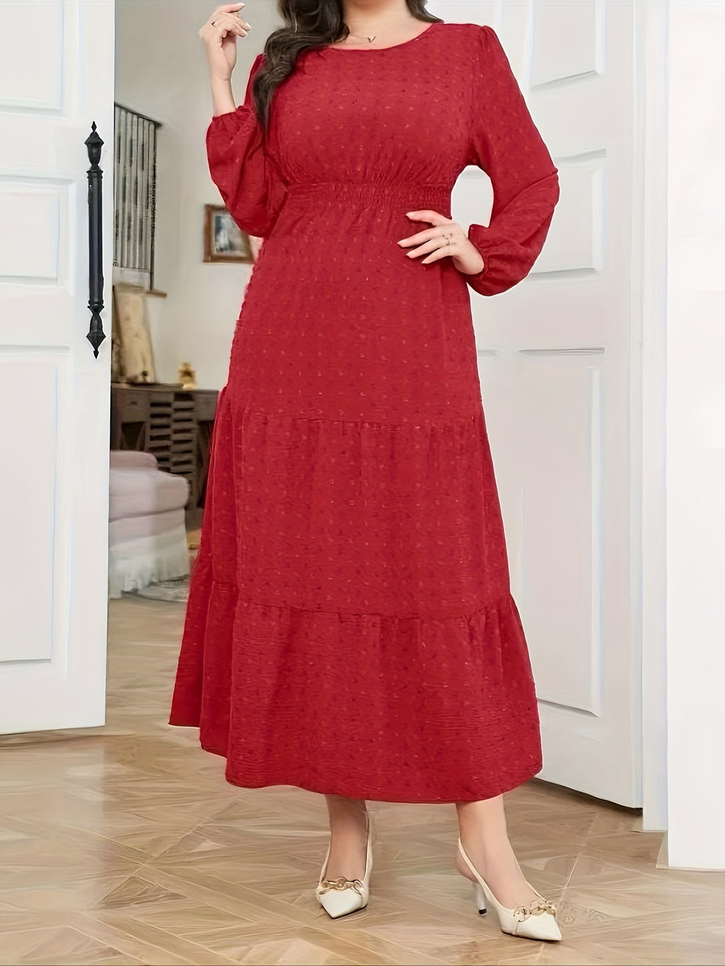High Waist Tiered Dress, Elegant Solid Long Sleeve Maxi Dress, Women's Clothing
