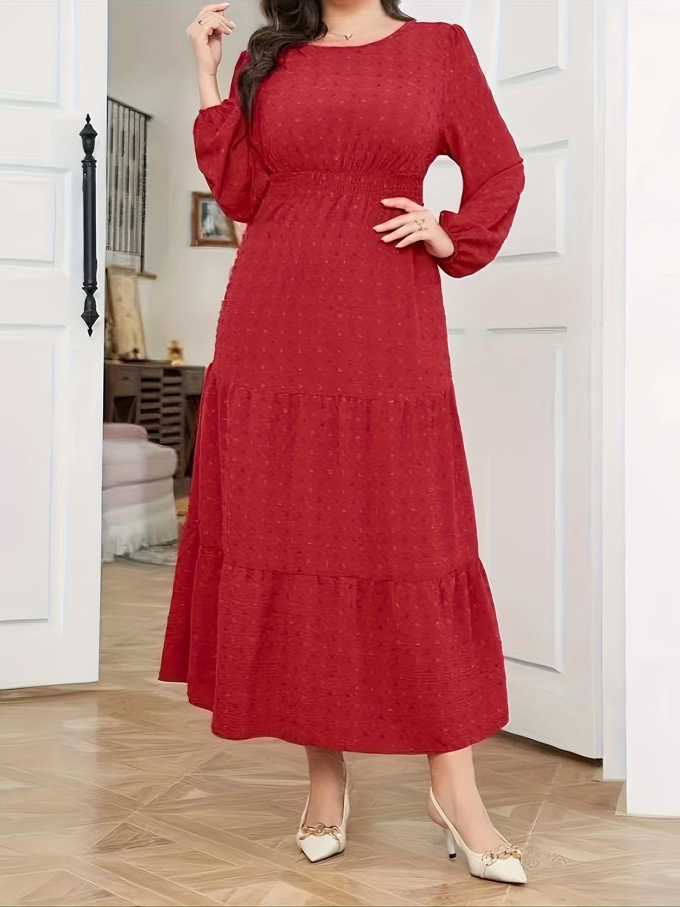High Waist Tiered Dress, Elegant Solid Long Sleeve Maxi Dress, Women's Clothing