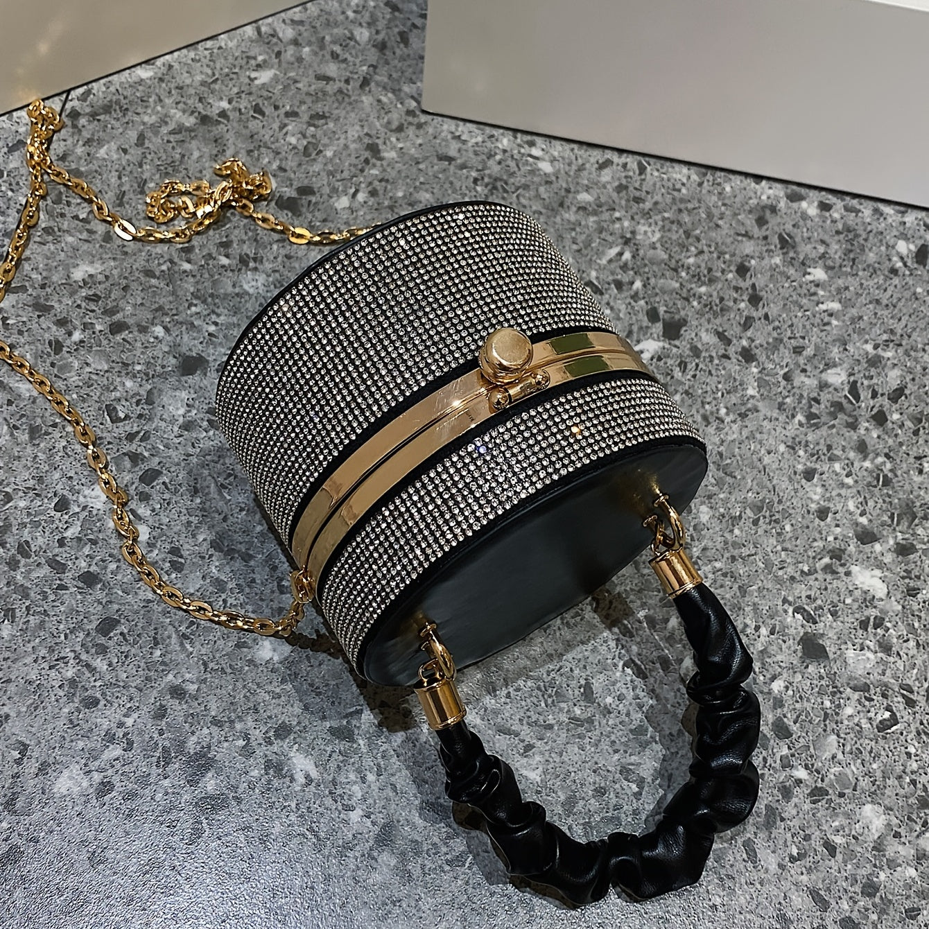 Mini Allover Rhinestone Handbag, Ruched Detail Evening Bucket Bag, Stylish Chain Shoulder Purse For Party (3.9*4.7*4.7) Inch - Rhinestone & Chain Detail - Perfect for Evening Events & Parties - Ideal Gift for Women -  For Car