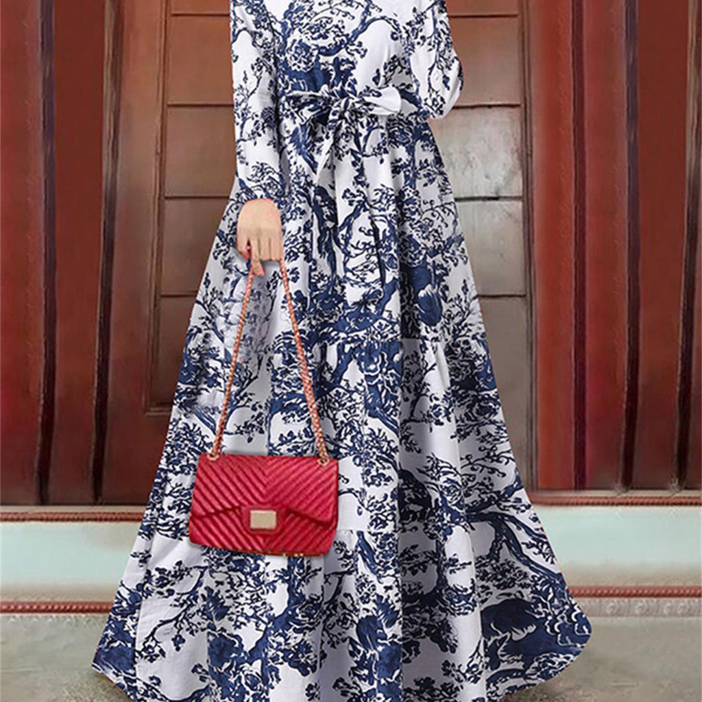 Allover Print Belted Modest Dress, Elegant Long Sleeve Ruffle Hem Aline Maxi Dress, Women's Clothing