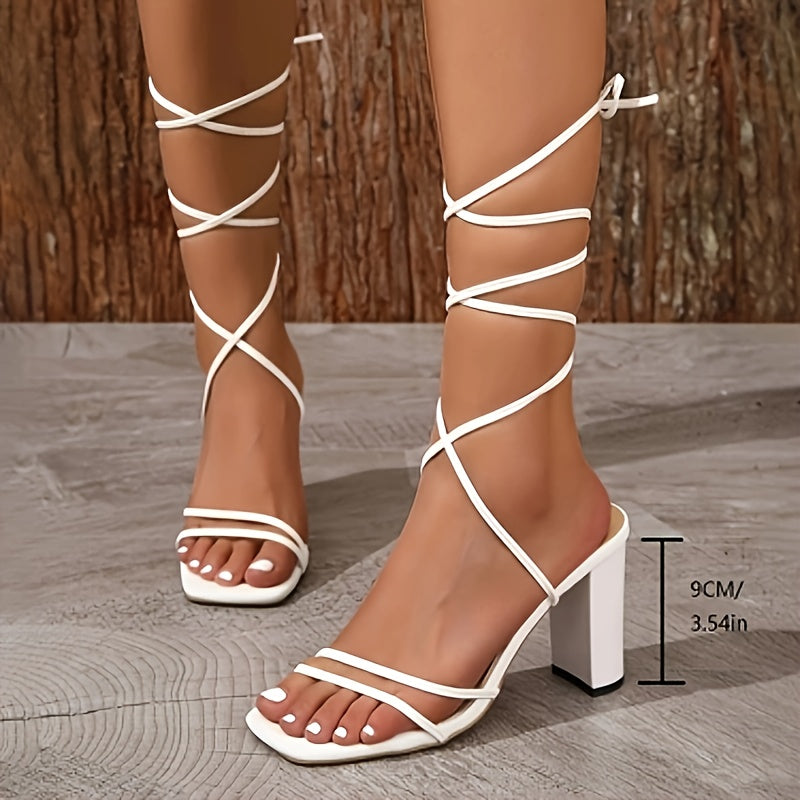 2025 Summer Women's Elegant White Thick Heel Sandals - Adjustable Crisscross Strap Open-Toe Design, Non-Slip Rubber Sole, Durable Synthetic Leather for Weddings, Parties & Vacations, Ladies Shoes And Sandals, Wedding Guest Fo