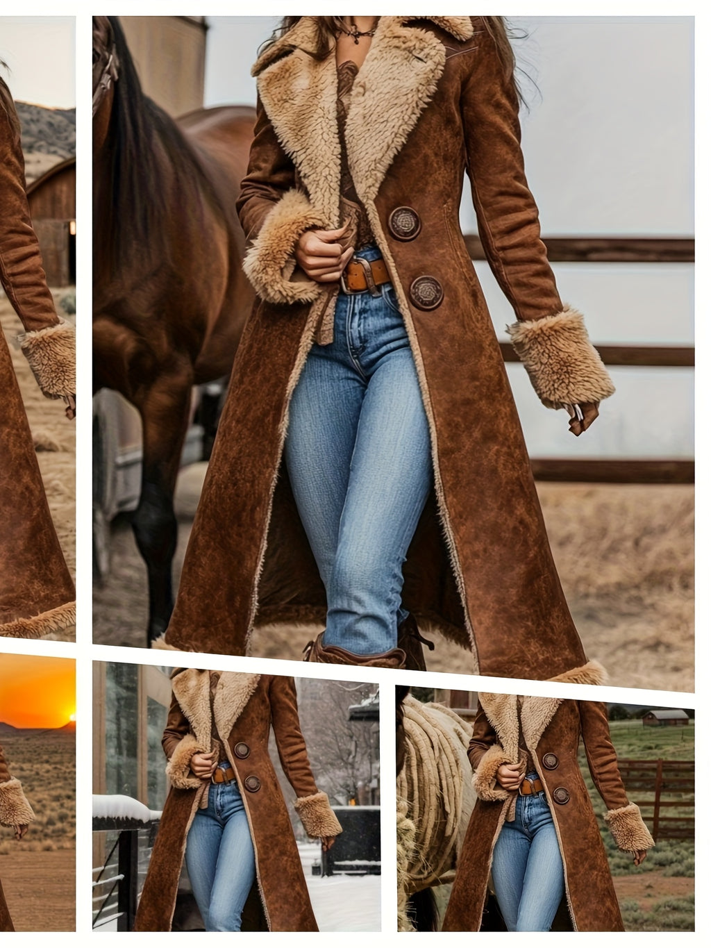 Women'S Western Vintage Plush Trench Coat - Long Winter Warm Coat with Single-Breasted Button Closure, Asymmetrical Hem & Raglan Sleeves, Soft Plush Fabric for Autumn and Winter, Rustic Brown Casual to Semi-Formal Outerwear (