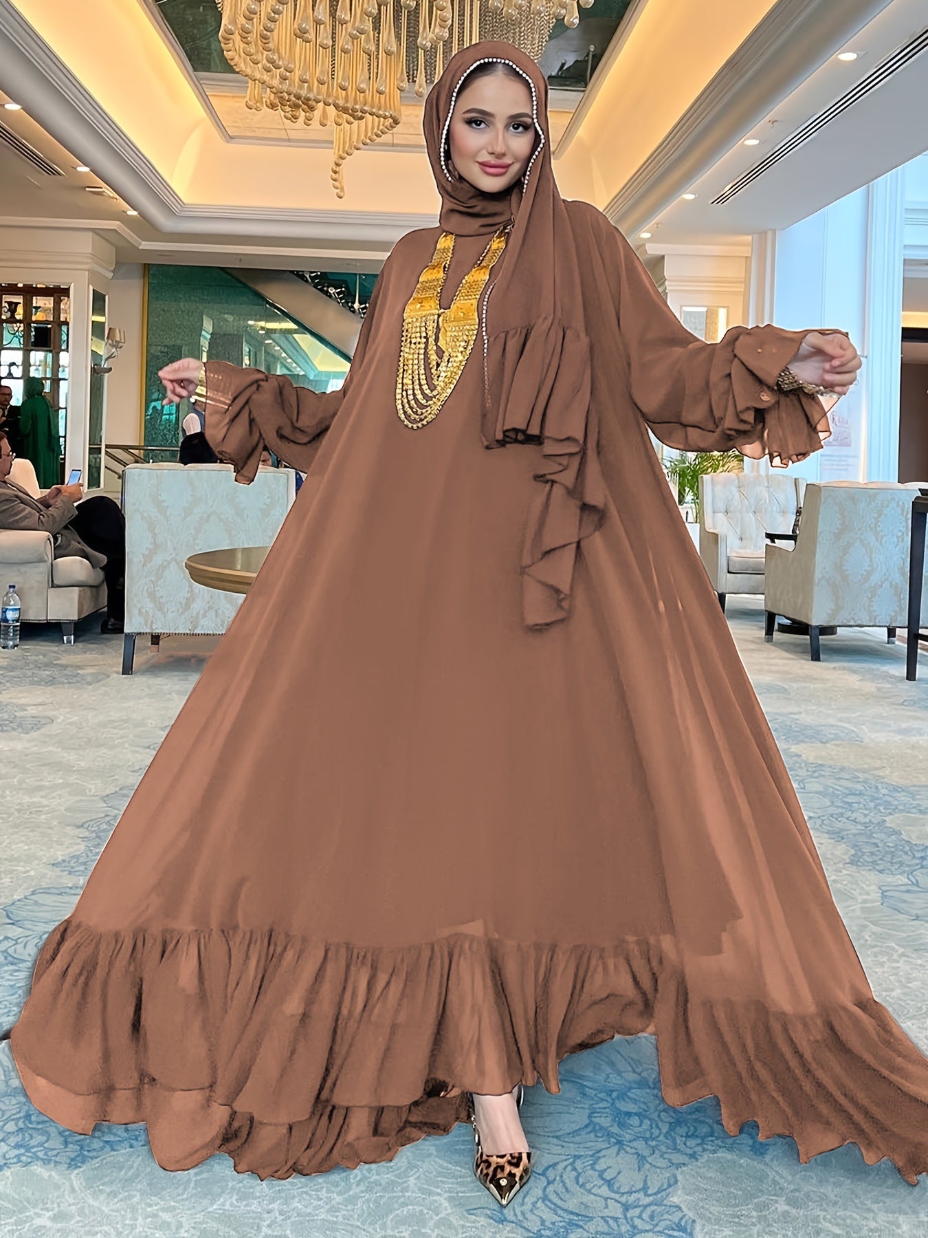 Stunning Solid Color Belted Peplum Maxi Dress - Elegant Abayas for Women with Long Sleeves, Pleated Design, and Flattering Silhouette for Spring and Fall Seasons - Chic and Modest Clothing for Ladies