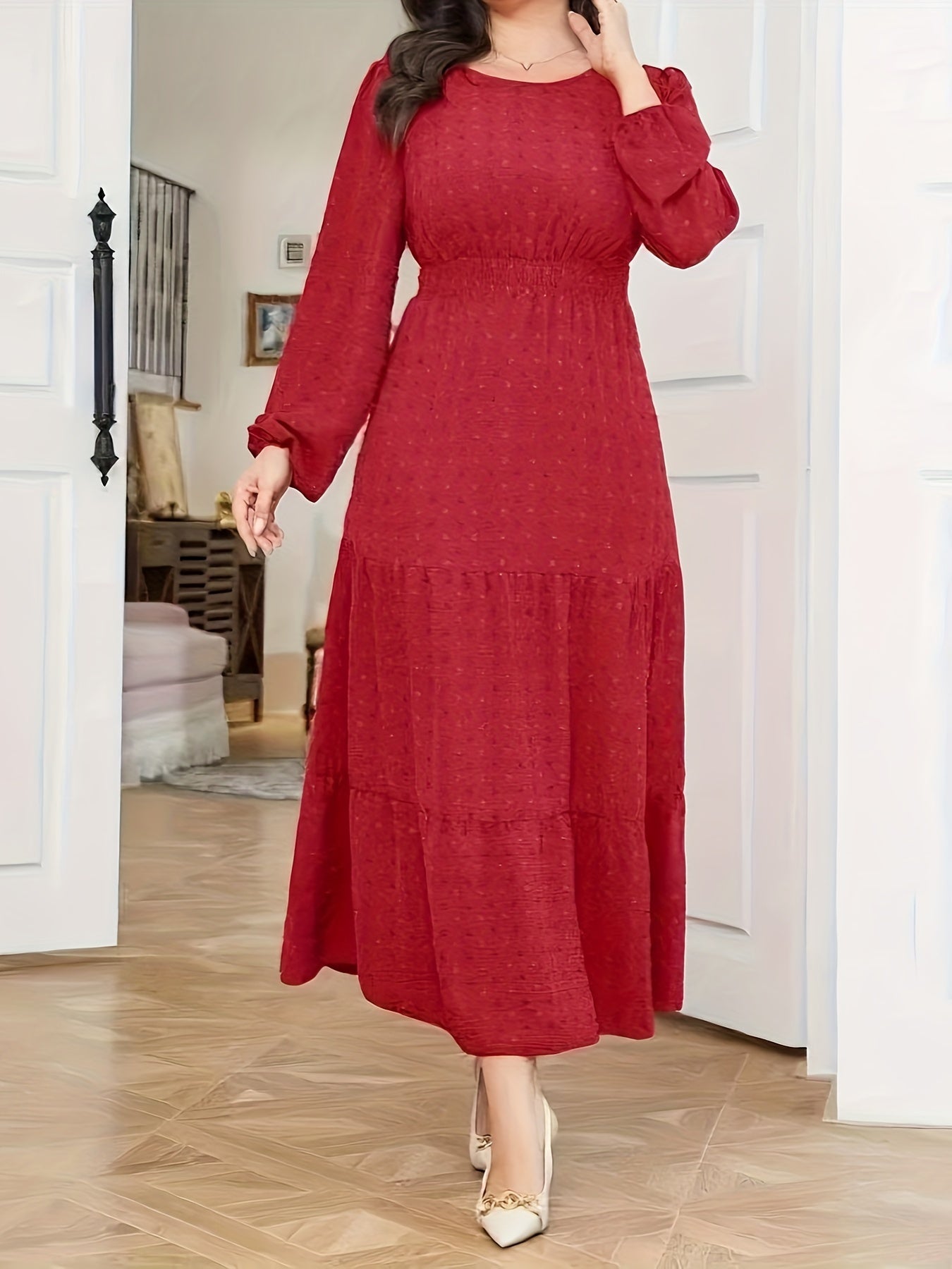 High Waist Tiered Dress, Elegant Solid Long Sleeve Maxi Dress, Women's Clothing