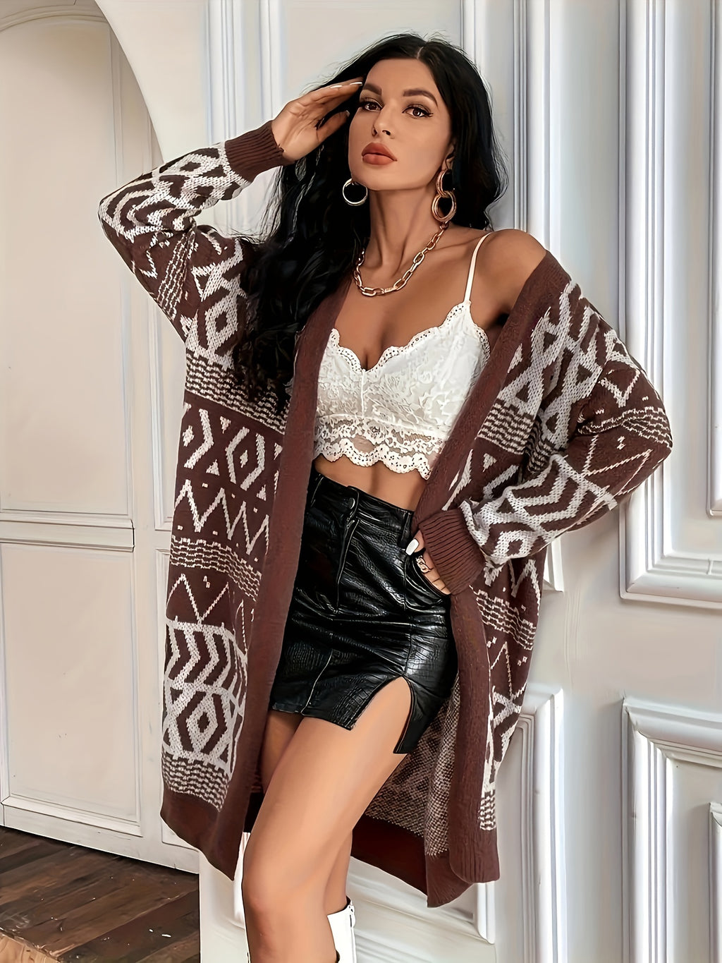 Plus Size Geo Print Open Front Cardigan, Casual Long Sleeve Cardigan For Fall & Winter, Women's Plus Size Clothing