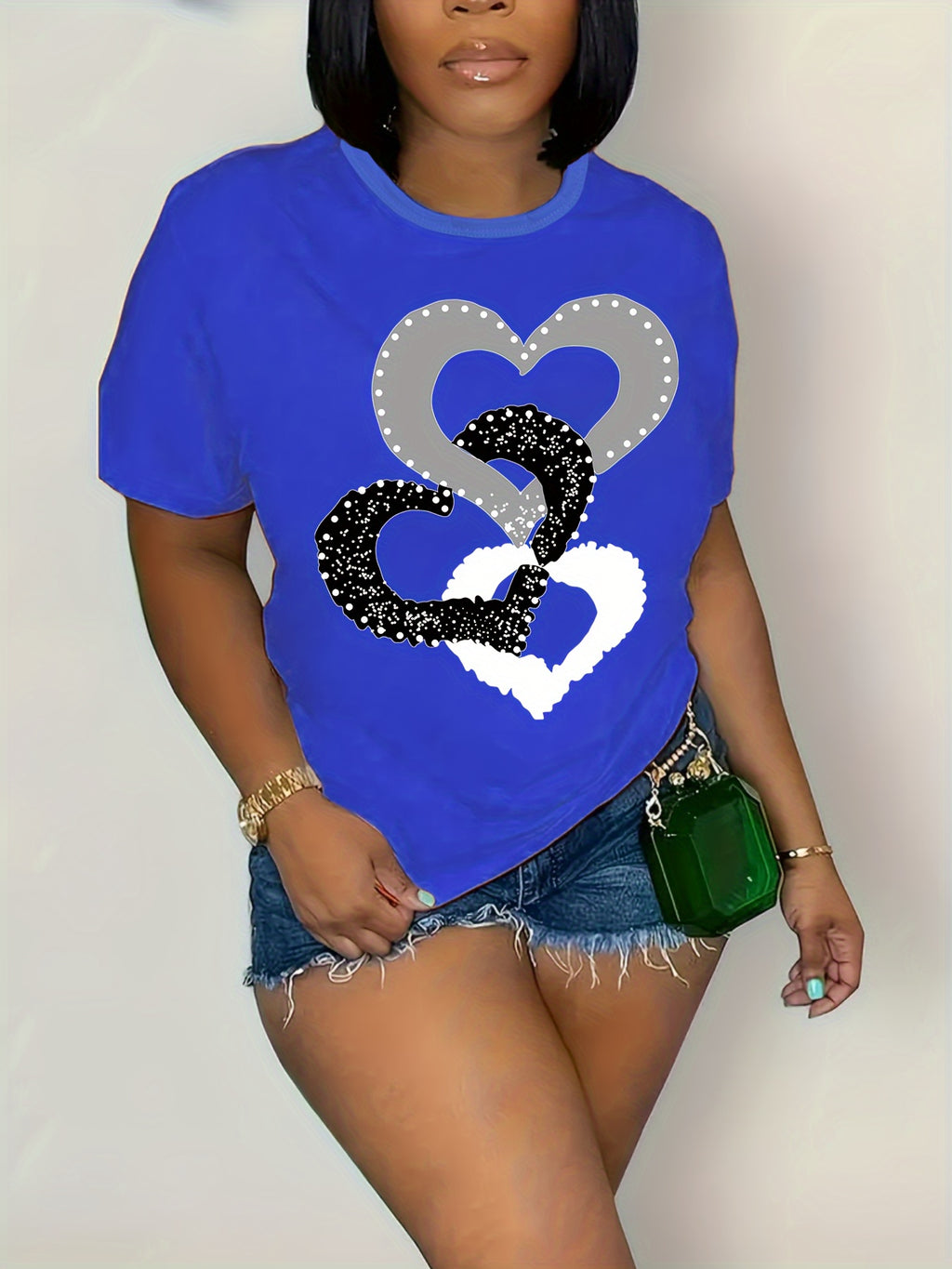 Plus Size Heart Print T-Shirt, Casual Crew Neck Short Sleeve T-Shirt, Women's Plus Size Clothing