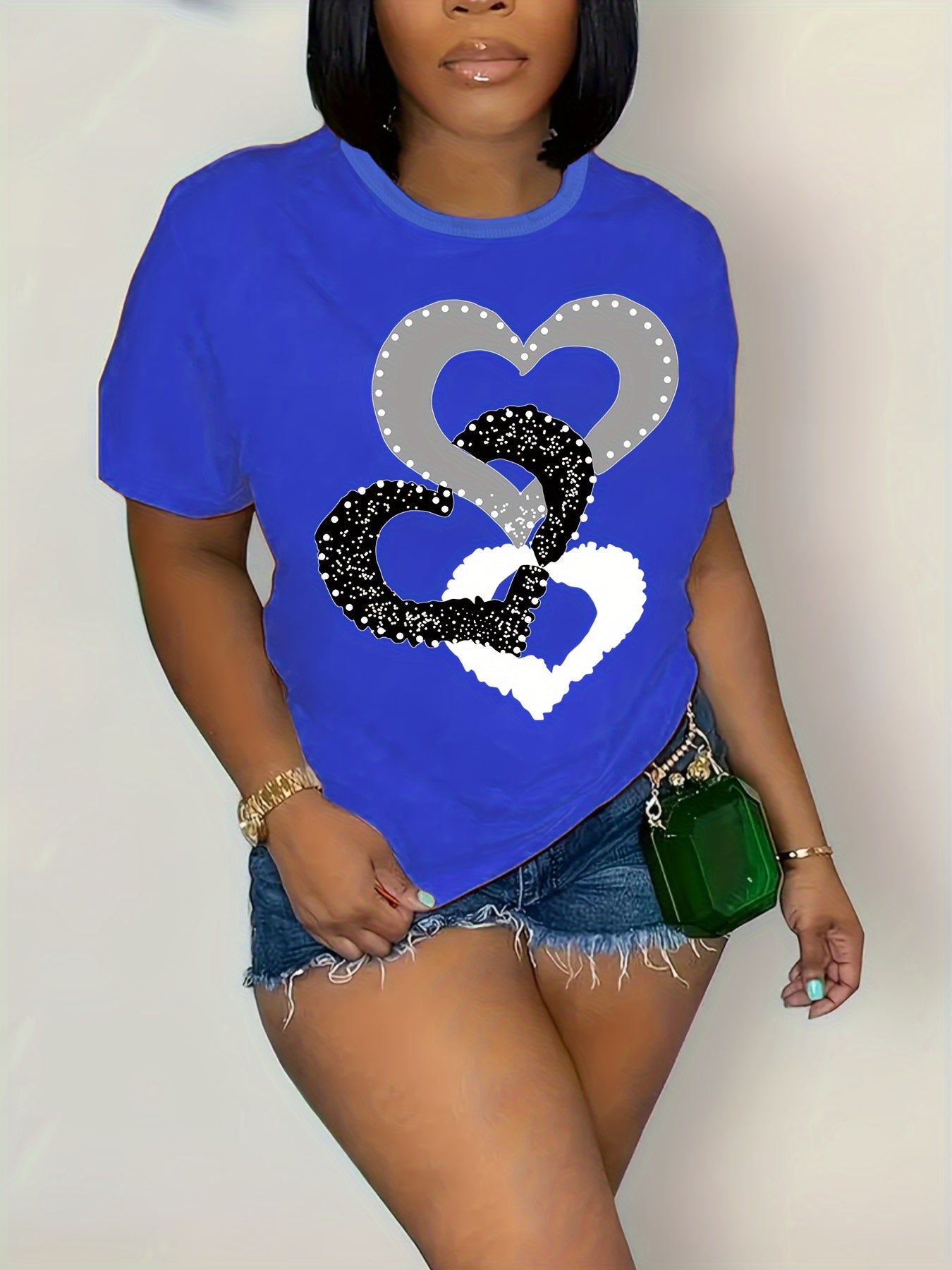 Plus Size Heart Print T-Shirt, Casual Crew Neck Short Sleeve T-Shirt, Women's Plus Size Clothing