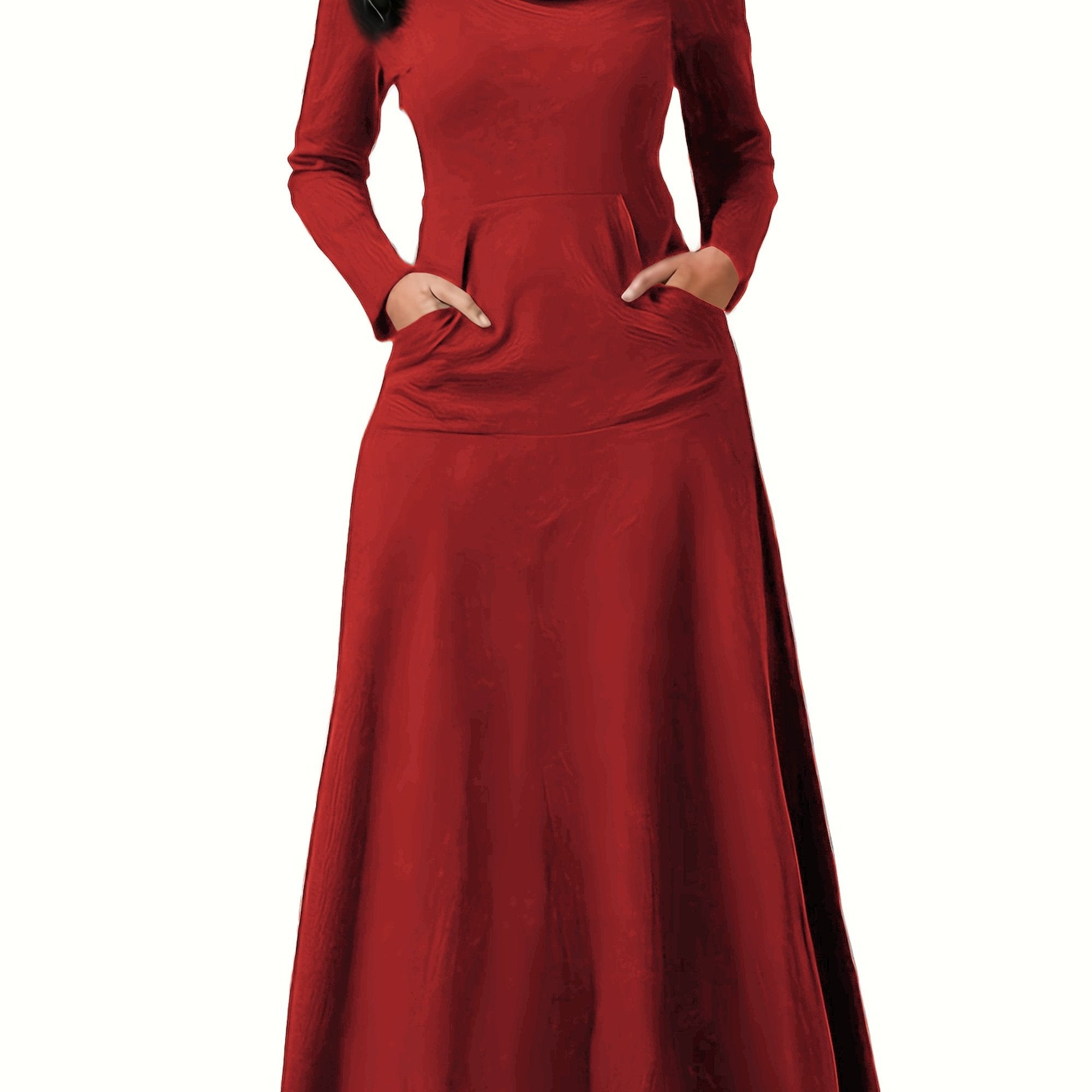 Plus Size Comfort Maxi Dress - Casual Turtleneck with Pockets, All-Season High Stretch & Machine Washable