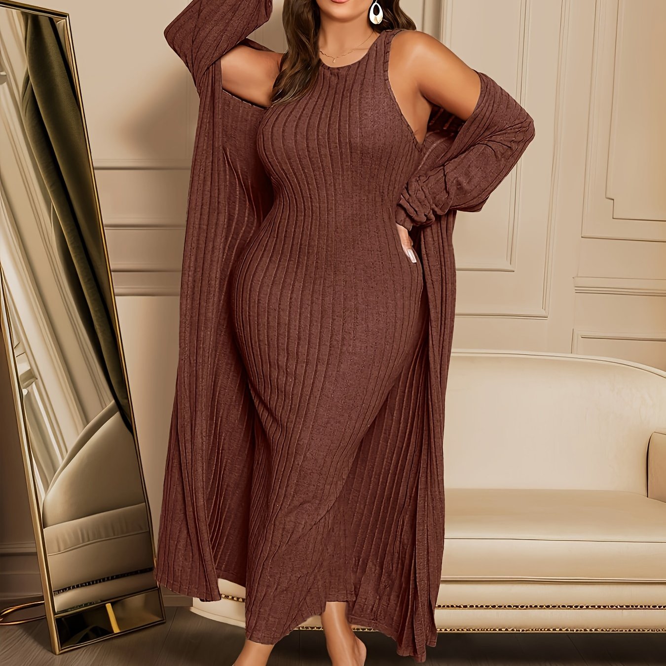 Plus Size Ribbed Chic Two-Piece Set - Long Sleeve Open Front Cardigan, Sleeveless Dress Outfits, Soft Stretchy Fabric, Flattering Fit, Women's Plus Size Clothing for Curvy Figures