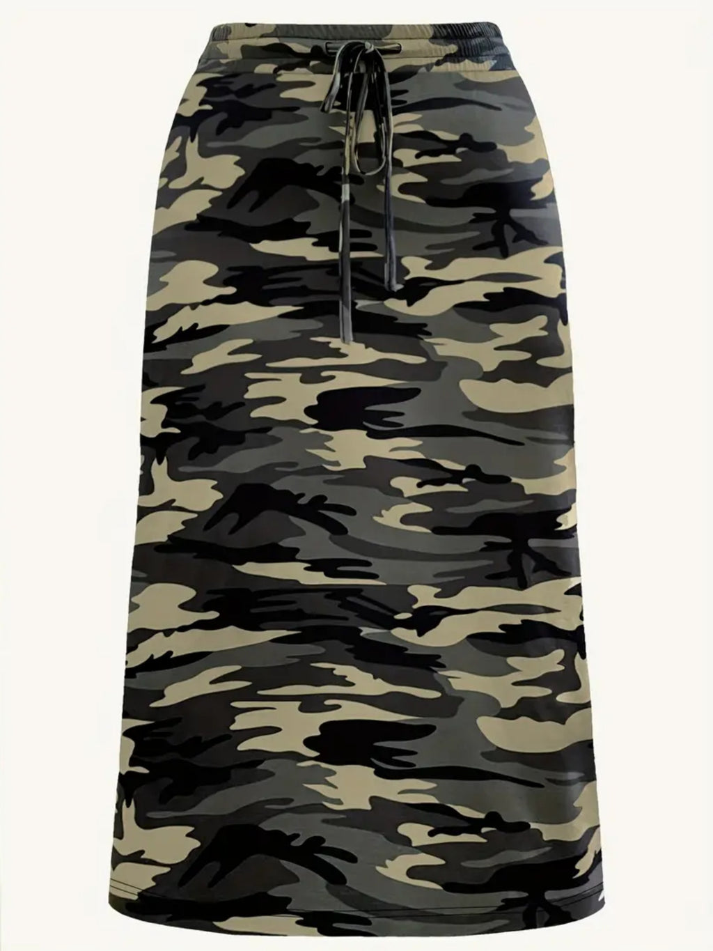 Plus Size Camo Print Drawstring Skirt, Elegant Midi Skirt For Spring & Summer, Women's Plus Size Clothing