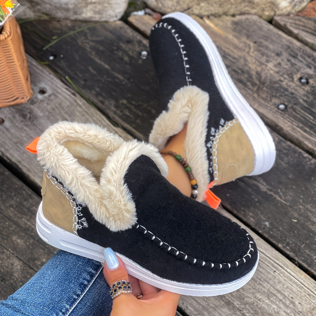 Women'S  Cozy Plush Slip-On Snow Boots with Soft Rubber Sole - Lightweight Warm Winter Boots with Cushioned Insole, Round Toe & Arch Support, Casual Outdoor Shoes for Cold Weather, Black & Brown (Canvas Lining) - Ide
