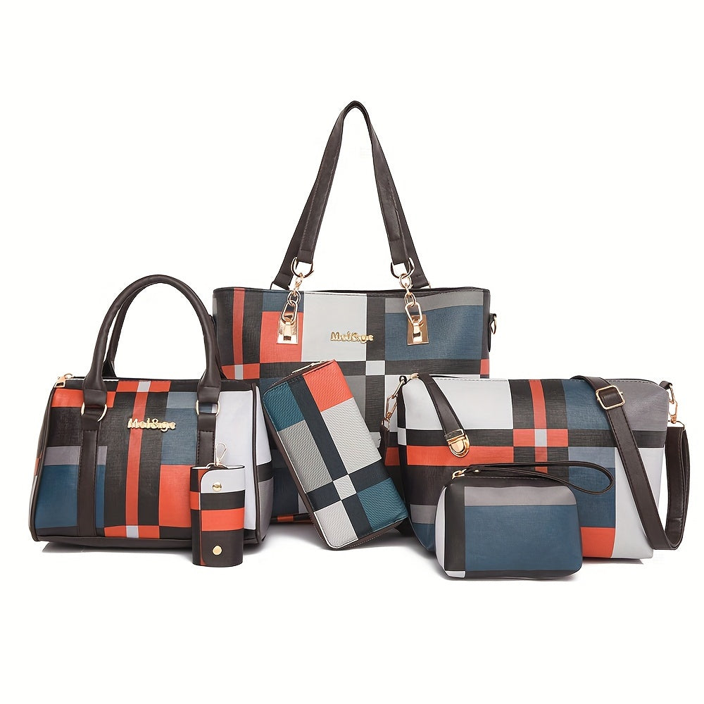 Chic 6-Piece Checkered Handbag Set for Women - Durable Faux Leather Tote, Crossbody & Shoulder Bags - Versatile Style for Everyday Use