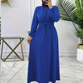 Elegant Navy Blue Maxi Dress for Women - Casual Solid Color with Button Detail, Long Sleeves, Polyester & Spandex Blend, Machine Washable - Perfect for All Seasons