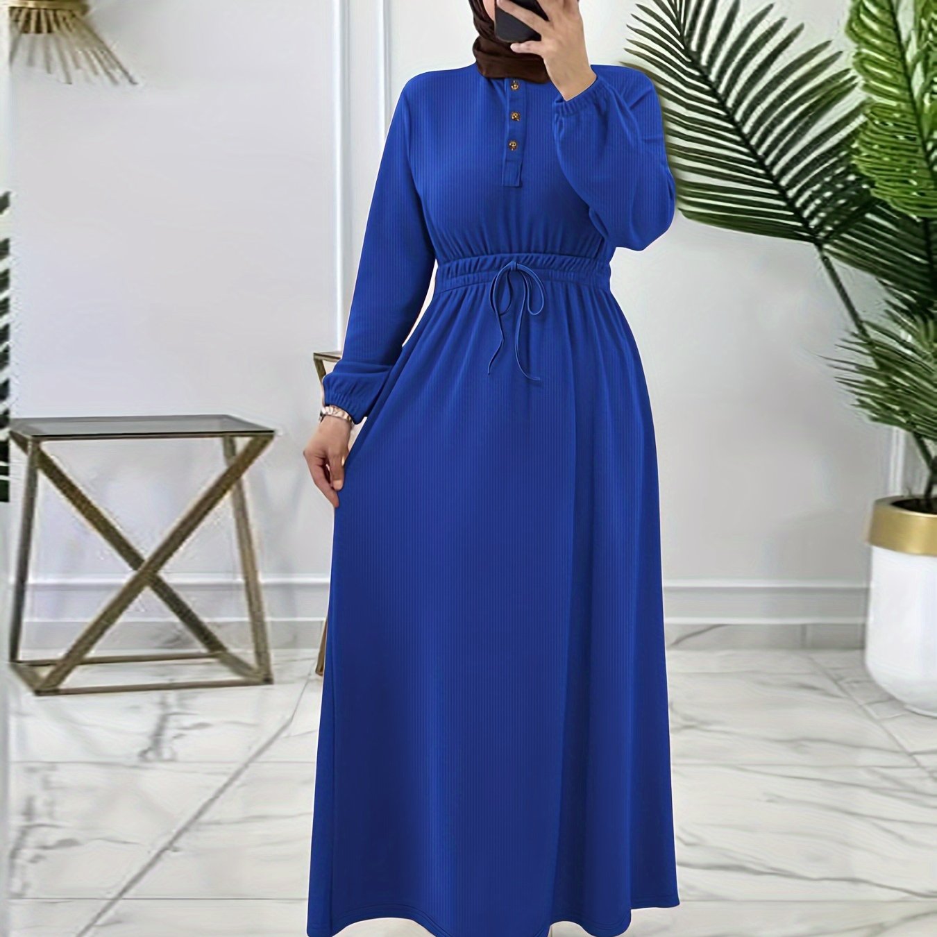 Elegant Navy Blue Maxi Dress for Women - Casual Solid Color with Button Detail, Long Sleeves, Polyester & Spandex Blend, Machine Washable - Perfect for All Seasons