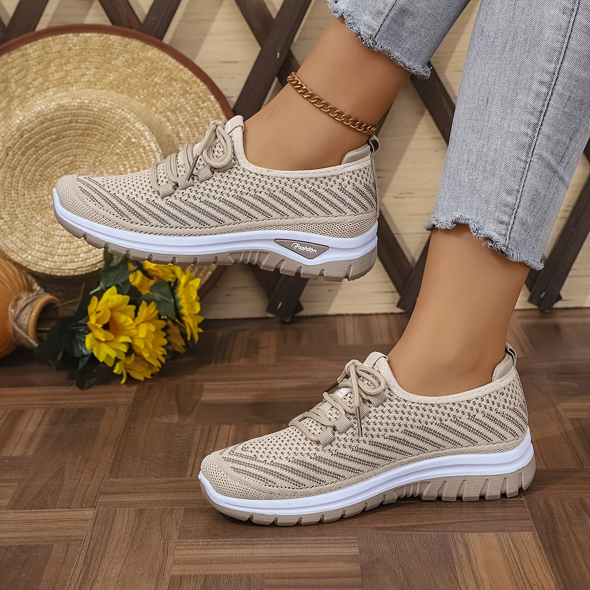 Women'S Breathable Casual Sports Shoes, Knitted Striped Pattern Lace-Up Comfortable Travel Sneakers, Outdoor Anti-Slip Lightweight Walking Beach Vacation Tennis Shoes, Women'S Sneaker, High Cut Shoe Without Lace, Aerobics Dan
