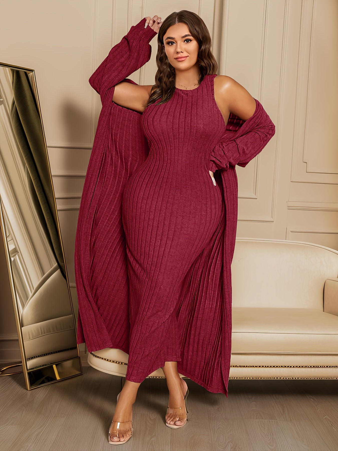 Plus Size Ribbed Chic Two-Piece Set - Long Sleeve Open Front Cardigan, Sleeveless Dress Outfits, Soft Stretchy Fabric, Flattering Fit, Women's Plus Size Clothing for Curvy Figures