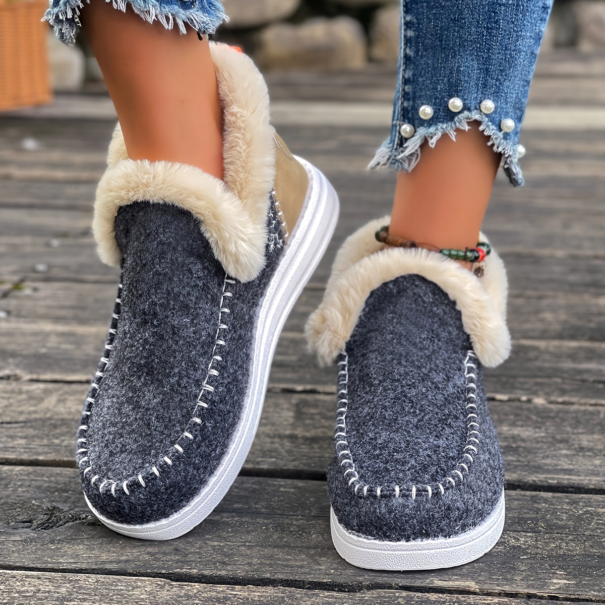 Women'S  Cozy Plush Slip-On Snow Boots with Soft Rubber Sole - Lightweight Warm Winter Boots with Cushioned Insole, Round Toe & Arch Support, Casual Outdoor Shoes for Cold Weather, Black & Brown (Canvas Lining) - Ide