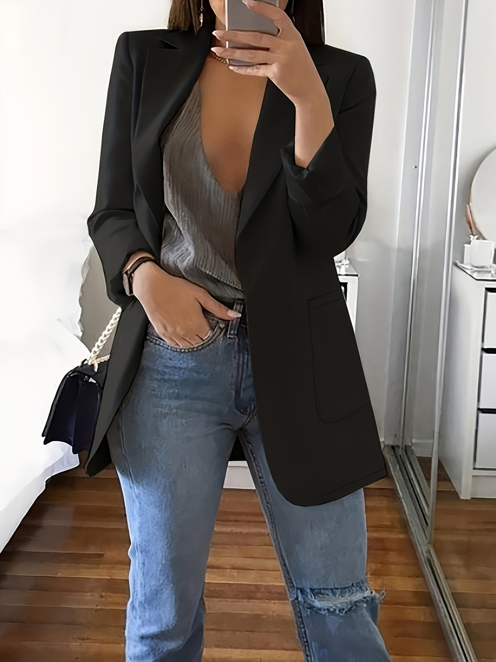 Plus Size Solid Open Front Blazer, Elegant Lapel Long Sleeve Blazer For Office & Work, Women's Plus Size Clothing
