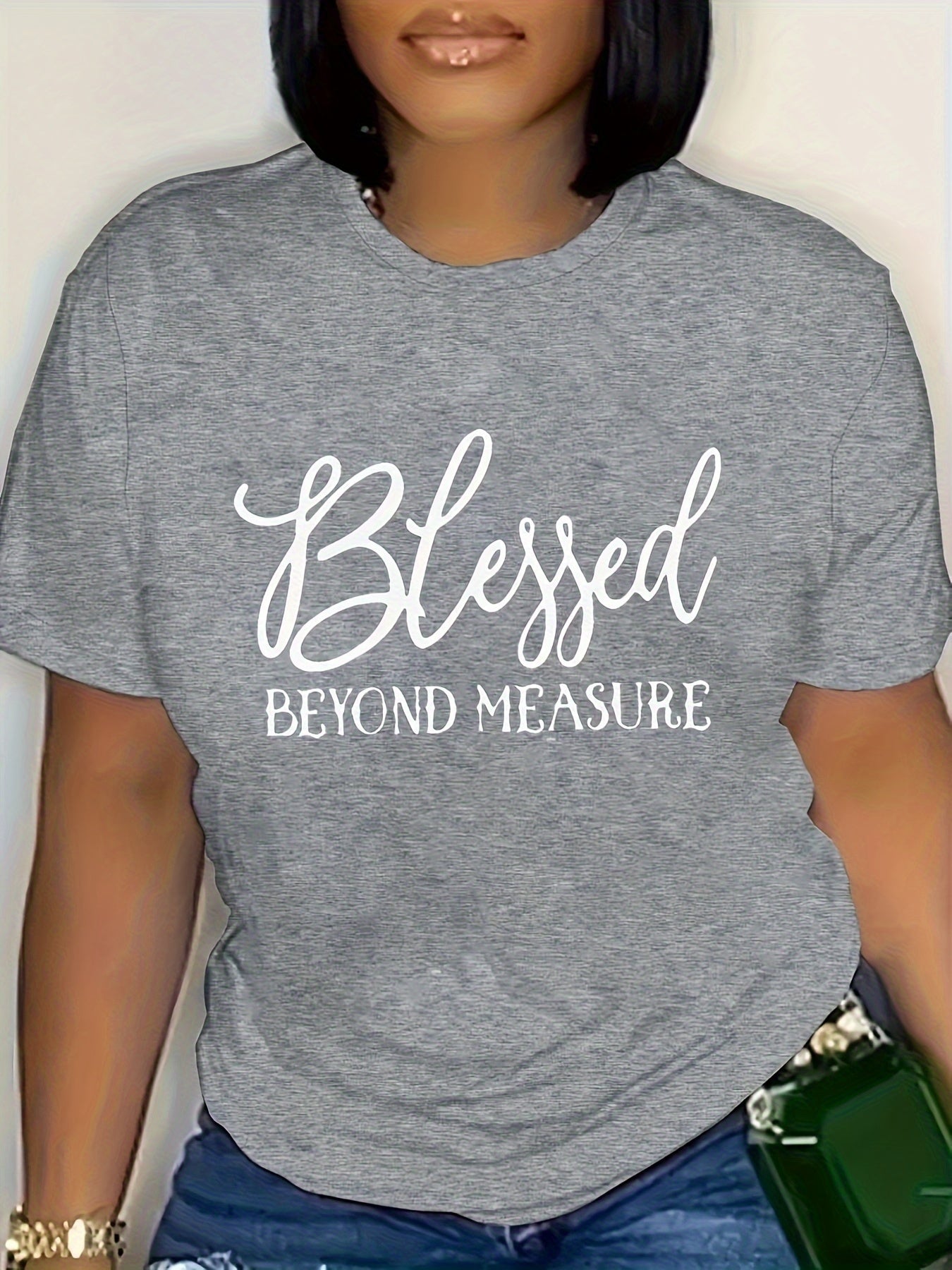 Plus Size Blessed Letter Print T-shirt, Short Sleeve Crew Neck Casual Top For Summer & Spring, Women's Plus Size Clothing